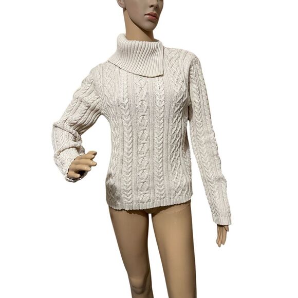 Wainscott Chunky Cable Knit Fisherman Turtleneck Sweater Winter Cozy Cream Small - Picture 1 of 9